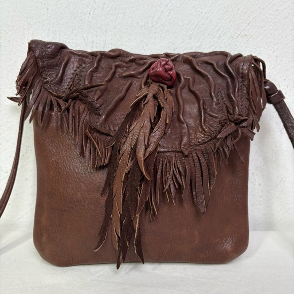VICKI LOVE Boho Artisan Handmade Leather Crossbody Purse Bag Rose Fringes - Picture 10 of 16